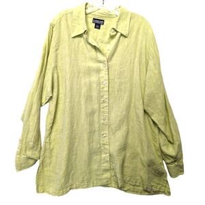 20W Lands End Linen Tunic Button Up Shirt Blouse Pale Green Long Sleeves Pocket